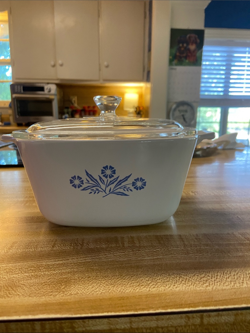Corningware White Casserole with Blue Floral Pattern and Glass Lid